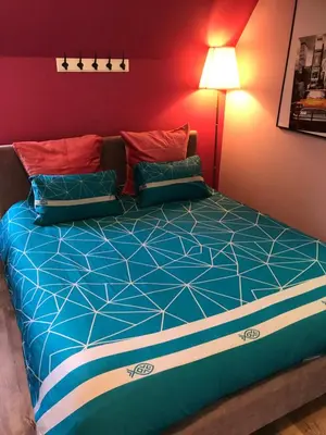 a bedroom with a bed with a blue comforter at Boslucht Leuven in Heverlee