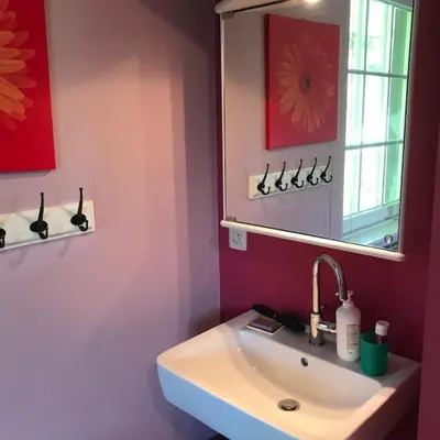 a bathroom with a sink and a mirror at Boslucht Leuven in Heverlee