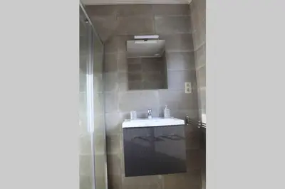 a bathroom with a sink and a shower at AmberHuis in Kasterlee
