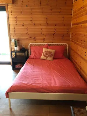 a bed in a room with a wooden wall at Op den Heust in Arendonk