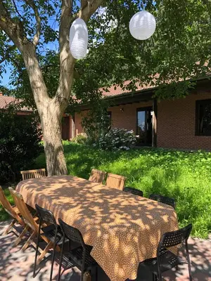 a table with chairs and a tree in a yard at Op den Heust in Arendonk