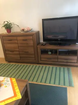 a living room with a flat screen tv on a wooden entertainment center at Appartement Chez Agnes in Brussels