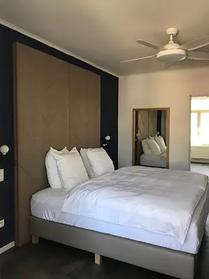 a bedroom with a large white bed with a mirror at Brussel House Basilic in Brussels