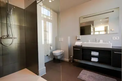 a bathroom with a sink and a toilet and a mirror at Villa Tilia in Retie