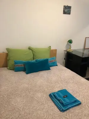 a bed with blue and green pillows and a tray on it at Residence Lilac in Brussels