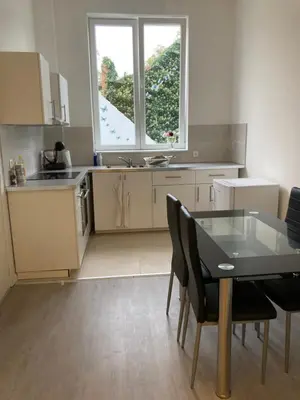 a kitchen with a table and chairs and a window at Dreamland Apartments EU, Brussels in Brussels