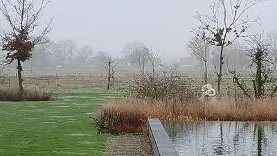 a pond with a bridge in a field with trees at HYTTA in Arendonk