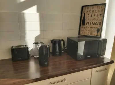 a kitchen counter with a microwave and a toaster at Bel appart proche de gare du Midi, à côté du Centre Ville in Brussels