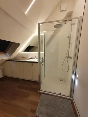 a shower with a glass door in a bathroom at Brussels North - Pajot Apartments in Wemmel