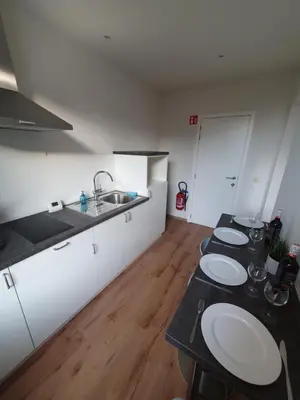 a kitchen with a row of tables and a sink at Brussels North - Pajot Apartments in Wemmel