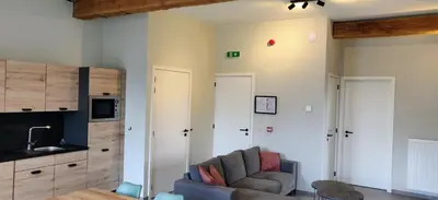 a living room with a couch and a kitchen at Lianko - Vakantiewoning in Bekkevoort