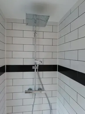 a shower in a bathroom with black and white tiles at Super central in Brussels in Brussels