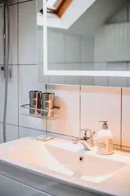 a bathroom with a sink and a mirror at Super central in Brussels in Brussels