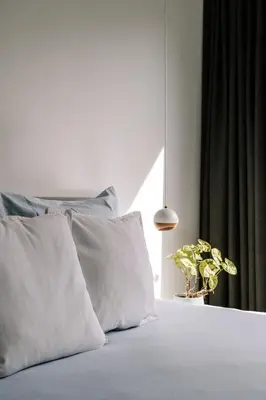 a bed with white pillows and a plant on it at BnB Manere in Grimbergen