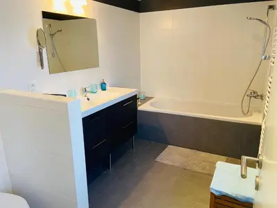 a bathroom with a sink and a bath tub at Jolie maison avec jardin. in Hoeilaart
