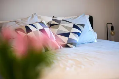 a bed with two pillows on top of it at Villa Terlanen in Overijse