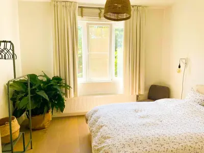 a bedroom with a bed and a window with a plant at Appartement op top locatie in Antwerpen in Antwerp