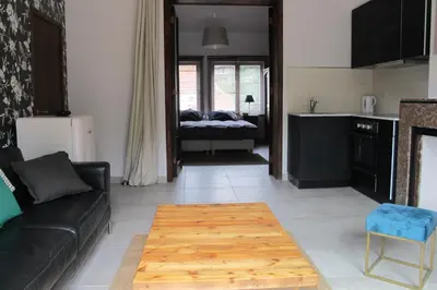 a living room with a black couch and a kitchen at Brussels Downtown with terrace in Brussels