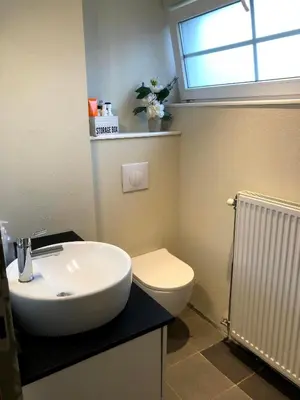 a bathroom with a sink and a toilet and a window at Julie's Place in Westerlo