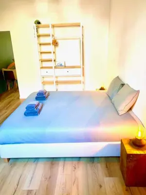 a large blue bed in a room with a wooden floor at Cozy Apartment in Antwerpen Centraal in Antwerp
