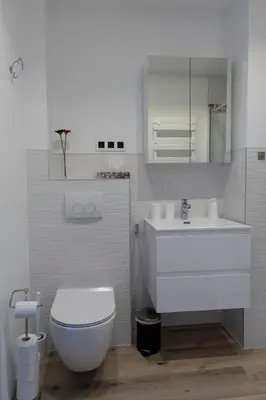 a white bathroom with a toilet and a sink at Modern duplex with garden in Brussels