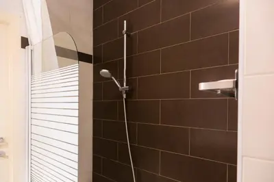 a shower in a bathroom with black tiles at Center Design Residence in Brussels