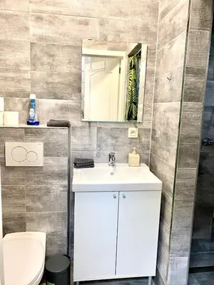 a bathroom with a white sink and a toilet at Сarnot Apartments ZOO Area in Antwerp
