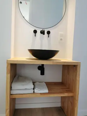 a bathroom with a sink and a mirror on a shelf at The Penthouse, oasis of light and inspiration in Antwerp