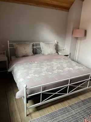 a bed with a metal frame in a bedroom at Vélo 94 in Geel