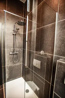 a bathroom with a shower with a glass door at Luxury Suites Historic Center by Rikas Hotels in Antwerp