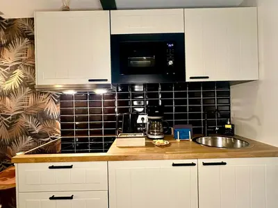 a kitchen with a sink and a microwave at Luxury Suites Historic Center by Rikas Hotels in Antwerp