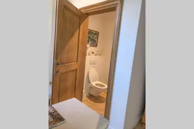 a bathroom with a toilet and a door with a mirror at Gastenhuis prachtige Historische Vierkant Hoeve in Broechem