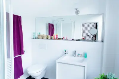 a bathroom with a toilet and a sink and a mirror at B&B Place Jourdan in Brussels