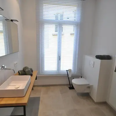 a bathroom with a toilet and a sink and a window at Paulus41 in Antwerp