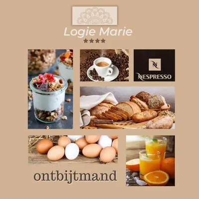a collage of pictures of breakfast foods and drinks at Logie Marie with hottub in the garden in Lembeke
