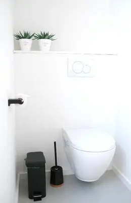 a white bathroom with a toilet and plants on a shelf at Heritage Loft in Londerzeel