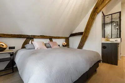 a bedroom with a large white bed with pink pillows at B&B Weselo in Mol