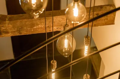 a group of light bulbs hanging from a ceiling at B&B Weselo in Mol