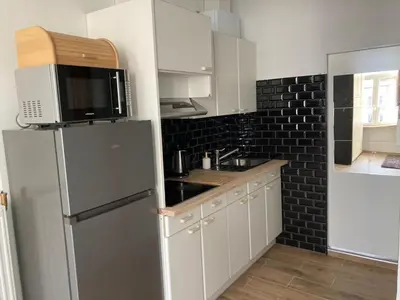 a kitchen with a refrigerator and a microwave at Magnifique Studio au 2ème étage, à proximité de la gare du midi! in Brussels