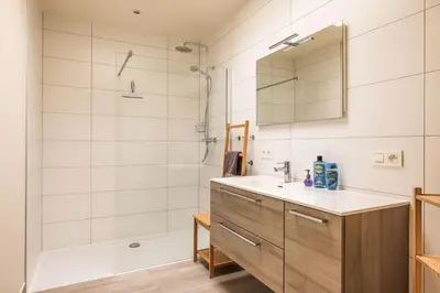 a bathroom with a sink and a shower and a mirror at Red Rabbit Tourist and Business Flats with indoor parking - 1 to 5 or 6p - region gnt antwp brux in Zele