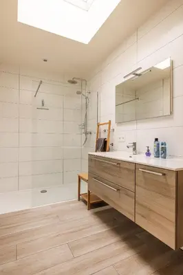 a bathroom with a sink and a shower and a mirror at Red Rabbit Tourist and Business Flats with indoor parking - 1 to 5 or 6p - region gnt antwp brux in Zele