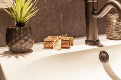 a white sink with a vase and a plant on it at Luxury Suites Palace by Rikas Hotels in Antwerp