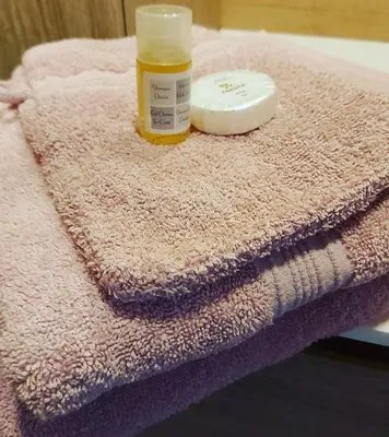 a pink towel with a bottle of moisturizers on top of it at De linderd in Aalst