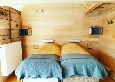 two beds in a room with wooden walls at De linderd in Aalst