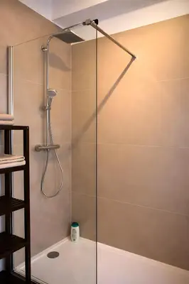 a shower with a glass door in a bathroom at Apartments Saint Géry in Brussels