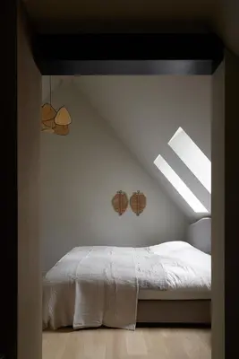 a bedroom with a white bed with a skylight at The Pine House B&B in Schoten