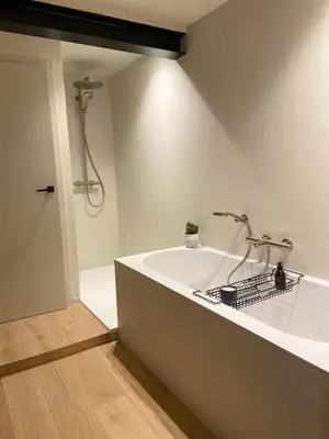 a bathroom with a bath tub with a shower at The Pine House B&B in Schoten