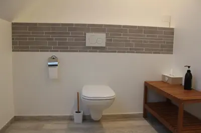 a bathroom with a toilet and a brick wall at Saffels Nest 33 in Lochristi