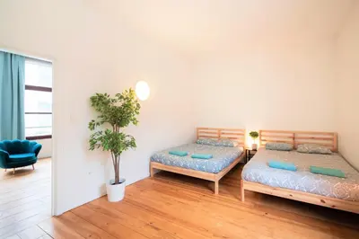 a bedroom with two beds and a potted plant at The Antwerp Old Town Lodge in Antwerp