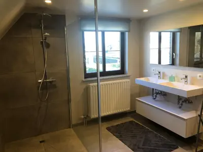 a bathroom with a sink and a shower at B&B Carisma in Lochristi
